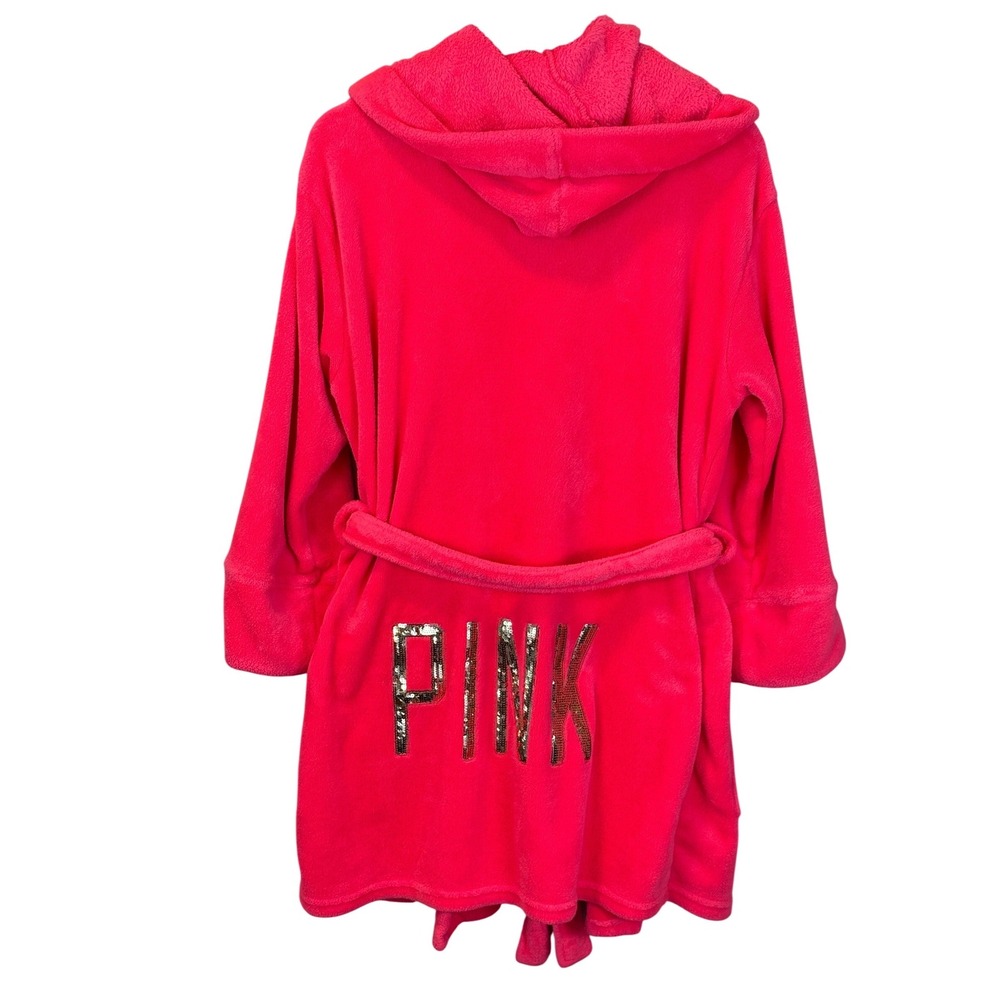 PINK Victoria's Secret Neon Pink Gold Sparkle Logo Hooded Robe size‎ Medium